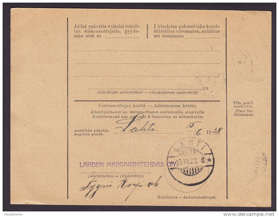 Finland Adresskort Packet Freight Bill Card VIIPURI 1928  To LATHI Olympic Games Vignet Label (2 Scans) - Covers & Documents