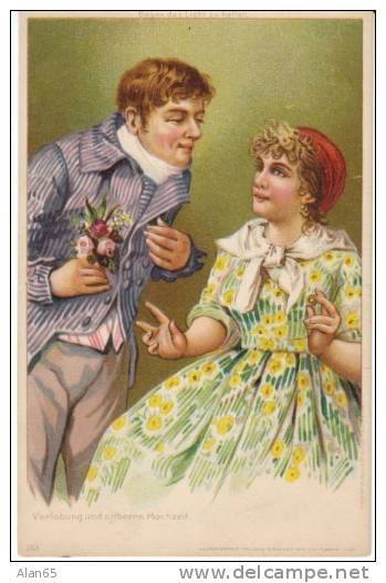 Silver Engagement Ring, German Romance Unsigned Munich Artist, C1890s/1900s Vintage Postcard - Marriages