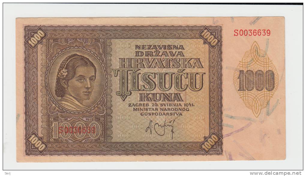 CROATIA  1000 KUNA 1941 AUNC  P 4 - Kroatië