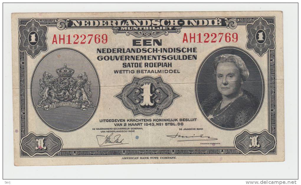 NETHERLANDS INDIES 1 GULDEN 1943 VF++ CRISP Banknote P 111 - Dutch East Indies