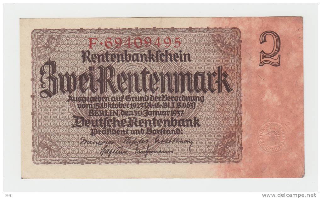 Germany 2 Rentenmark 1937 XF+ CRISP P 174b 174 B - Andere & Zonder Classificatie