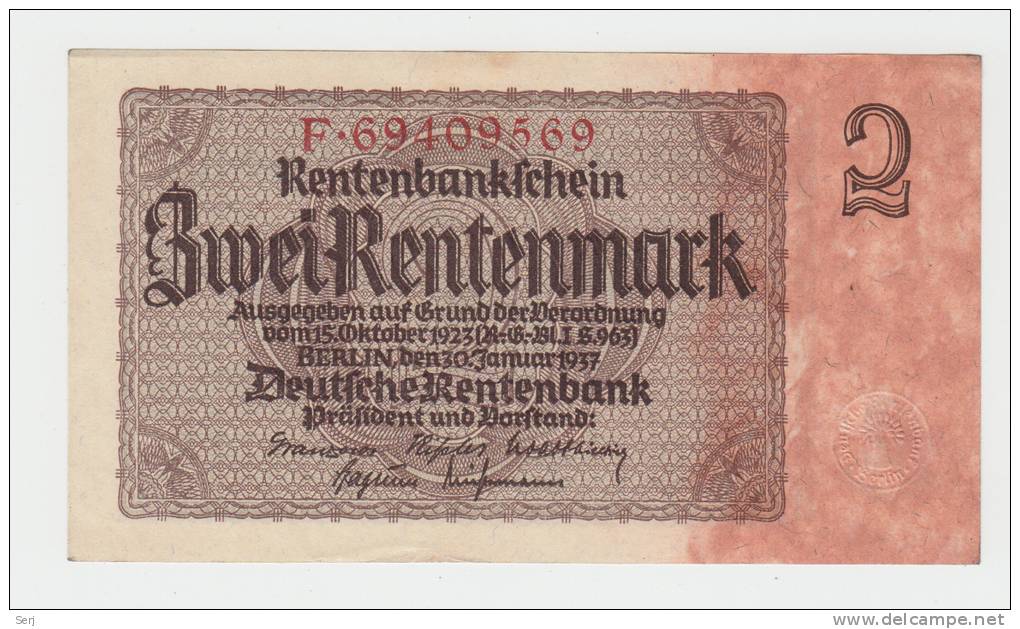 Germany 2 Rentenmark 1937 XF+ CRISP P 174b 174 B - Andere & Zonder Classificatie