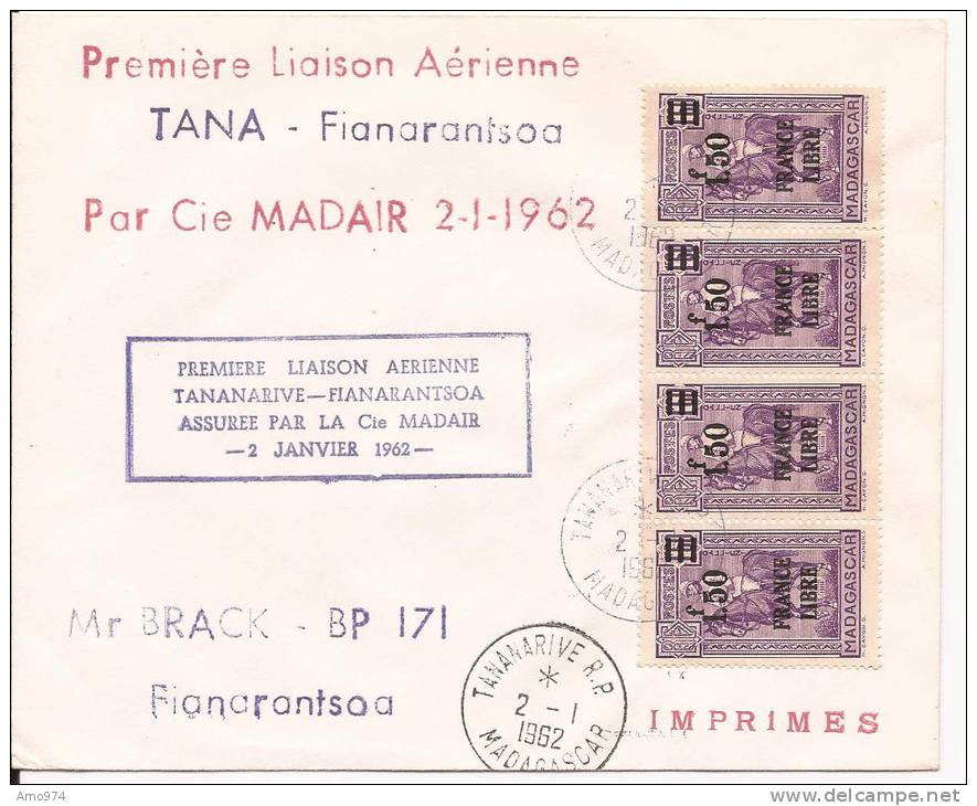 Madagascar 1ere Liaison Tananarive Fianarantsoa Par Compagnie Madair 02 01 1962 - Madagascar (1960-...)