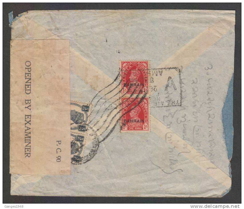 Bahrain  1943   2A6P  Rate Air Mail Cover To India Arrival Censor # 25234 - Bahrain (1965-...)