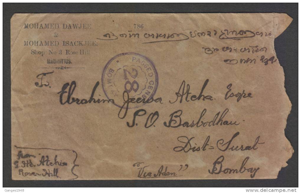 MAURITIUS 1915 EXPATRIATES CENSORED  Via  ADEN COVER To India #25227 - Maurice (1968-...)