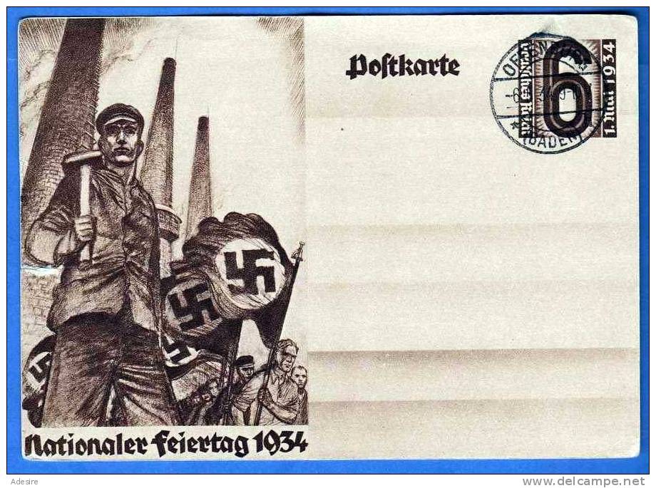 Deutsches Reich 1934, 6 Pfg Ganzsache Braun Auf Bildpostkarte Nationaler Feiertag 1.Mai 1934, Karte M. Stempel Offenburg - Sonstige & Ohne Zuordnung