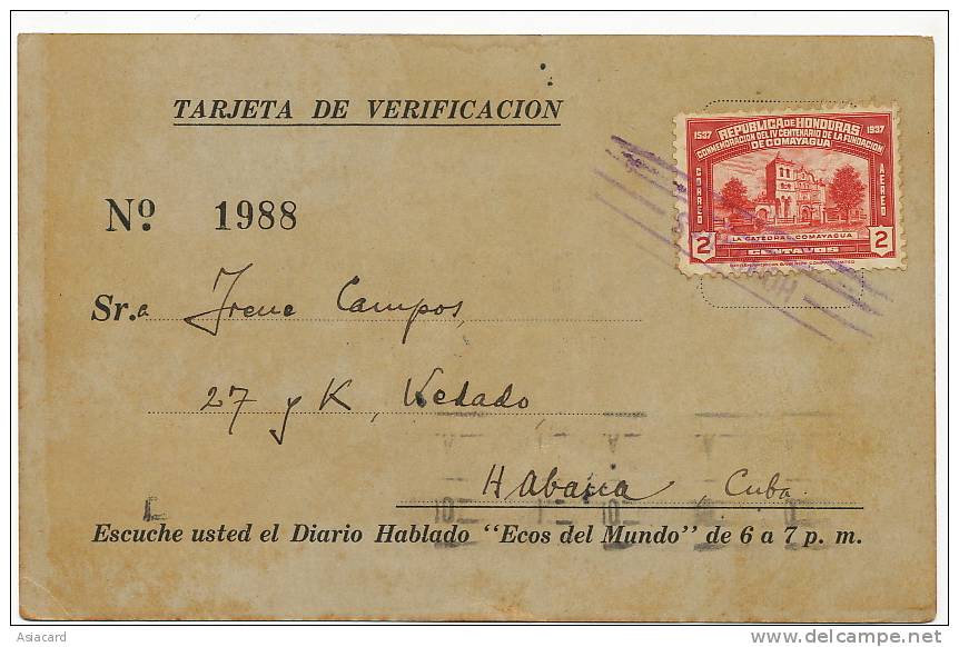 La Voz De Honduras  Tegucigalpa Rafael Ferrari Gerente    Circulada A Cuba 1933 - Honduras