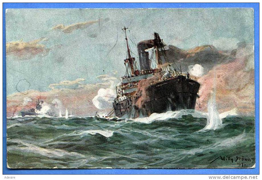 Deutsches U-Boot, U-BOOT Spende 1917, Künstlerkarte (Willy Stöwer), Karte Gelaufen 1917, Seltene Frankierung ... - Unterseeboote