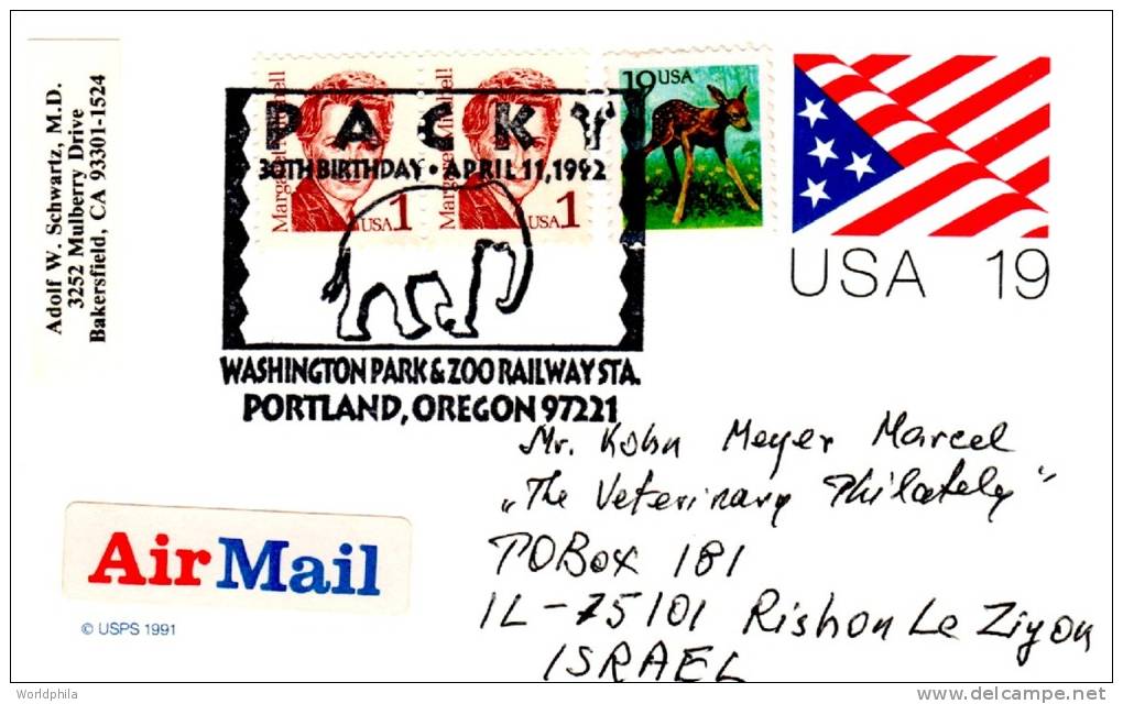 USA-Israel Uprated Postal Card With Special Postmark,wild Animals, Elephant 1992 - Elefanten