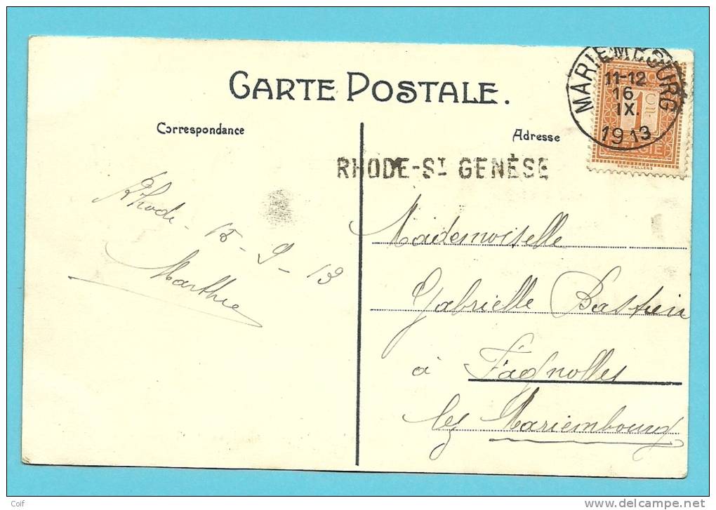 108 Op Kaart Met Cirkelstempel MARIEMBOURG Met Naamstempel (Griffe D´Origine ) RHODE-ST-GENESE - Griffes Linéaires