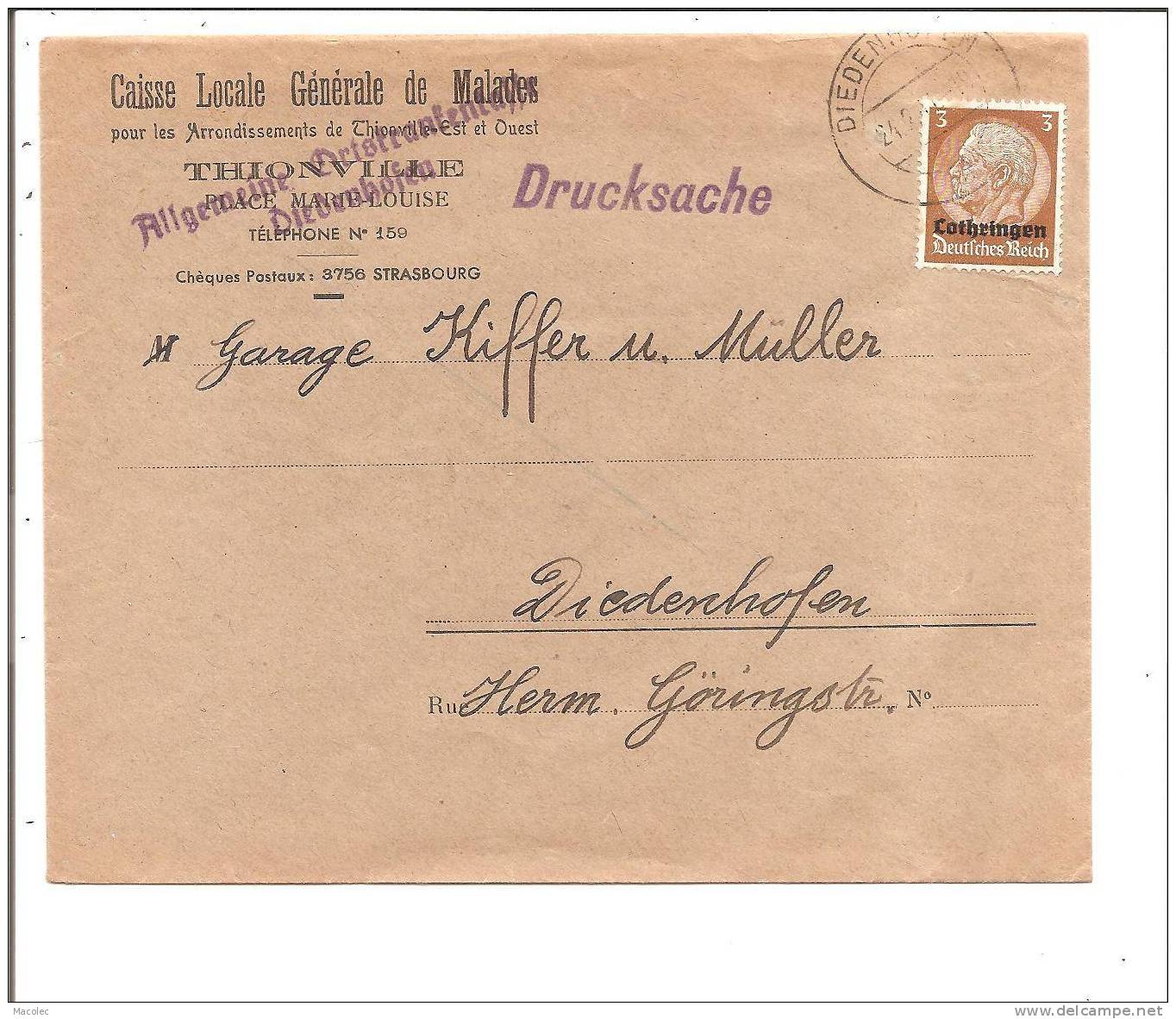 57 THIONVILLE Enveloppe Allemande 1941 CAISSE LOCALE MALADES - Autres & Non Classés