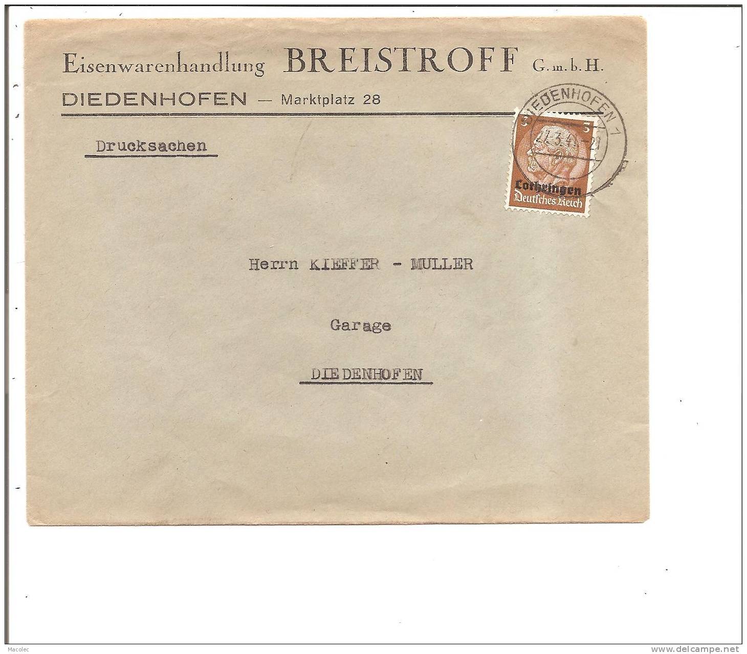 57 THIONVILLE Enveloppe Allemande 1941 PUB BREISTROFF - Autres & Non Classés