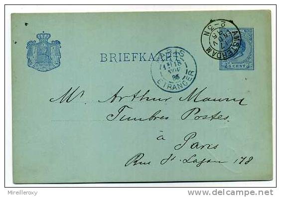 ENTIER POSTAL  STATIONERY  PAYS BAS  1885 AMSTERDAM COURONNE LION CACHET D'ARRIVE PARIS ETRANGER - Postal Stationery