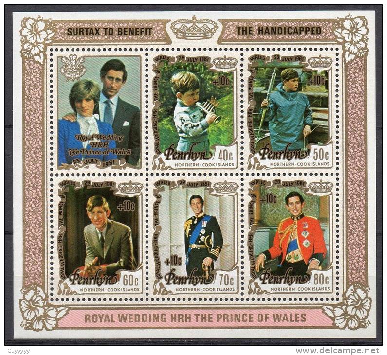 Penrhyn - 1981 - Mariage Lady Diana & Charles - 6 Blocs Feuillets ** - Penrhyn