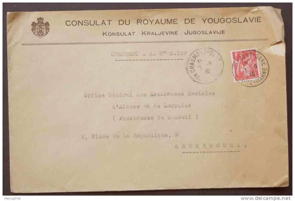 TYPE IRIS - CONSULAT DE YOUGOSLAVIE - CHAUMONT / LETTRE POUR STARSBOURG (ref 1858) - 1939-44 Iris