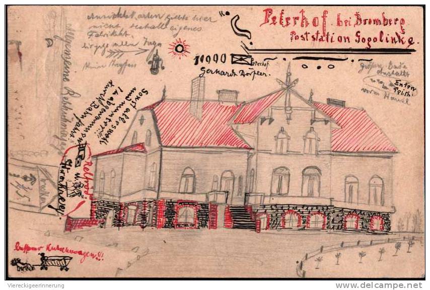 - Seltene Handgemalte Postkarte, Ganzsache Aus Peterhof Bei Bromberg, Poststation Gogolinke ( Kreis Crone A.d. Brahe ) - Polen