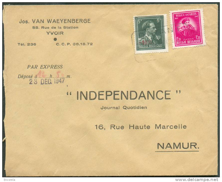 5Fr. Col Ouvert V - 10% Et 1Fr35 De Gerlache Obl. Télégraphique DINANT T * T S/L. Exprès D´Yvoir Vers Namur - 7103 - 1946 -10%