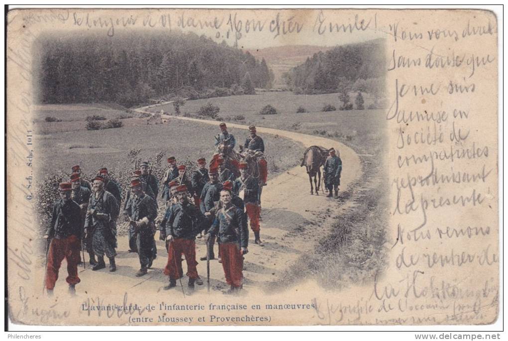 CPA - (88) Moussey/Provencheres - L´avant Garde De L´infanterie Francaise En Manoeuvres (obl. 1903/petit Trou D´épingle) - Moussey