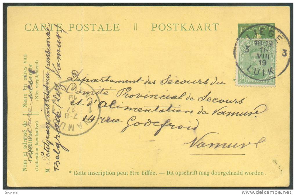 EP Carte-carte 5 Cent. Pellens Démonétisé Réutilisé Avec Timbre N°137 Obl. Sc LIEGE 3 Du 16-VIII-1919 Vers Namur - Cartes Postales 1909-1934