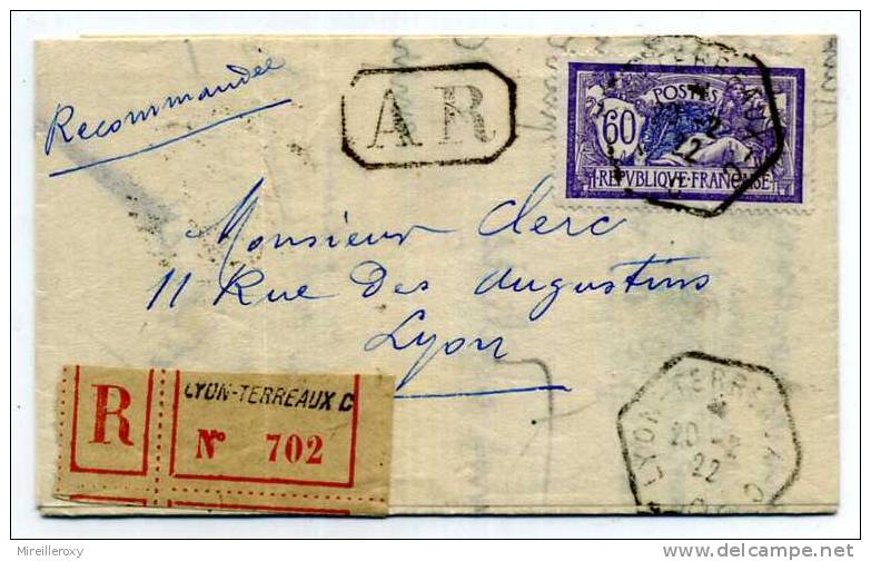 LETTRE DE LYON  RECOMMANDEE AR  /  TIMBRE TYPE MERSON  SUR LETTRE / 1922 - 1921-1960: Periodo Moderno