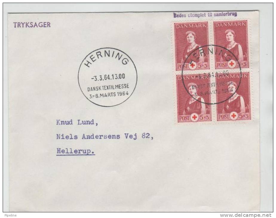 Denmark Cover With A Block Of 4 RED CROSS 3-8/3-1964 International Textile Messe Herning - Briefe U. Dokumente