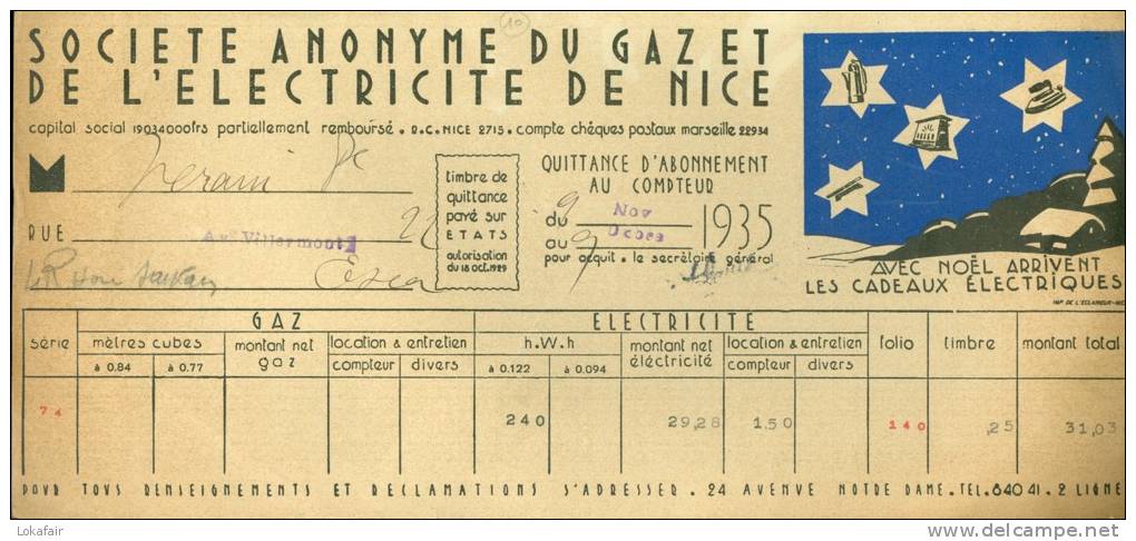 Nice - Ste. Du GAZ Et De L’ÉLECTRICITÉ De NICE - Quittance Novembre 1935 - 1900 – 1949