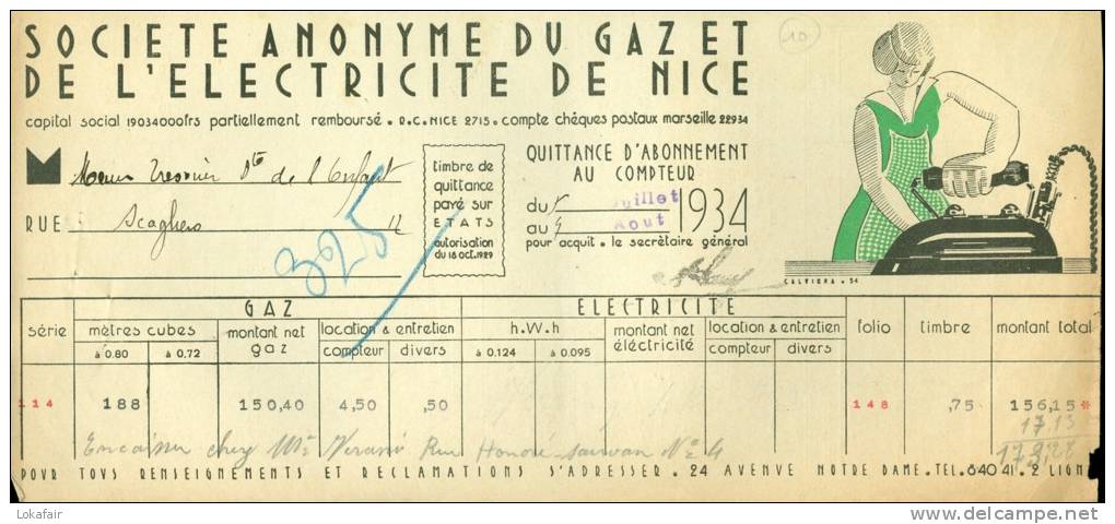 Nice - Ste. Du GAZ Et De L’ÉLECTRICITÉ De NICE - Quittance Juillet 1934 - 1900 – 1949