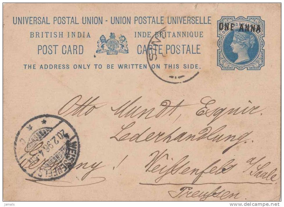 Br India Queen Victoria, Postal Stationery, UPU Card, 1 An Overprint, Used India As Per The Scan - 1882-1901 Empire