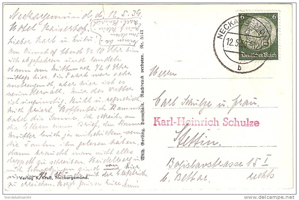 AK 5143 Neckargemünd 12. 5. 39 - 12 NECKARGEMÜND B Nach Stettin Mit 1 X 6 PF DEUTSCHES REICH - Neckargemünd