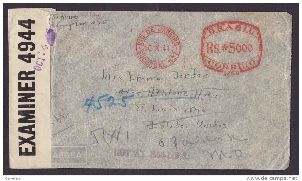 Brazil Airmail RIO DE JANEIRO Meter Stamp Cover 1941 ST. LOUIS USA P.C. 90 Censor Zensur Examiner 4944 Label (2 Scans) - Aéreo