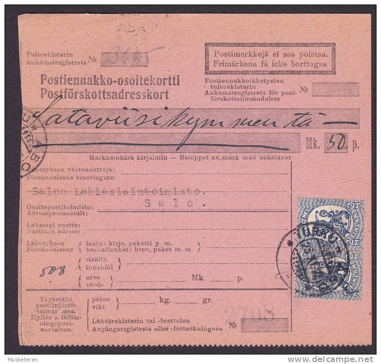 Finland Adresskort Packet Freight Bill Card TURKU - ÅBO 1927 To SALO (2 Scans) - Covers & Documents