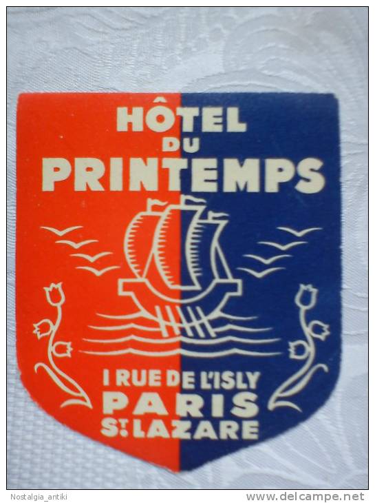 Old Luggage Label  -  Hotel Du Printemps  -  Paris - Etiquetas De Hotel