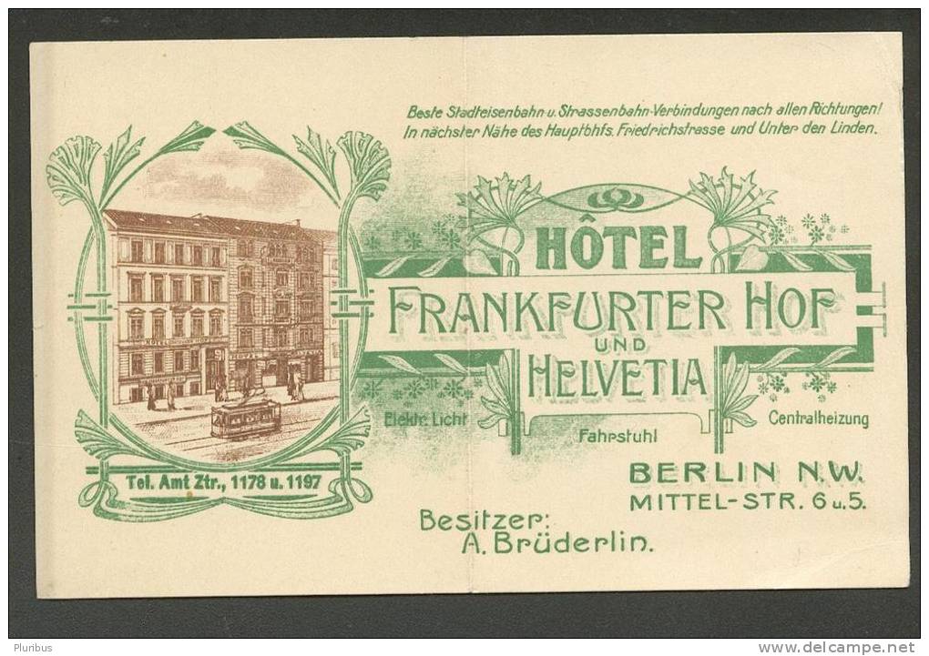 1912 BERLIN, HOTEL FRANKFURTER HOF UND HELVETIA INVOICE,   BERLIN STREET VIEW,TRAM - Other & Unclassified