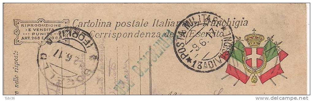 CARTOLINA POSTALE  ESERCITO - IN FRANCHIGIA - VIAGGIATA 1917- PM 13` DIVISIONE  A  BORELLO  FORLI /TIMBRO BORELLO - Franchise