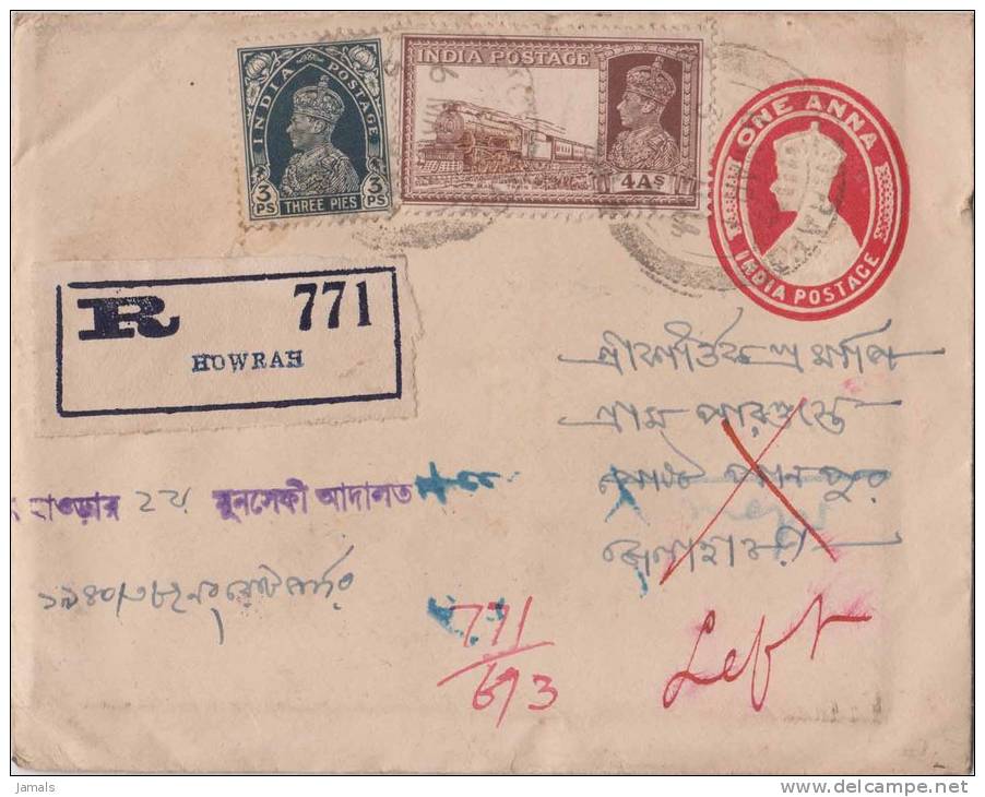 Br India King George VI, Postal Stationery Envelope, Train, Locomotive, Registered Used, India As Per The Scan - 1936-47 Roi Georges VI