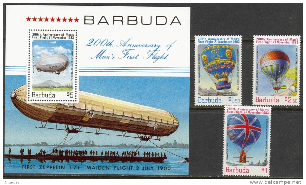 Barbuda 1983 First Zeppelin Mained Flight Set Of 3 + Block MNH - Zeppelin