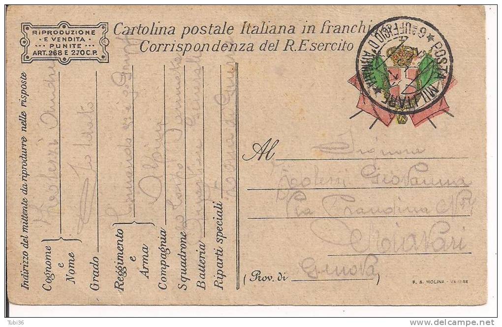 CARTOLINA POSTALE  ESERCITO - IN FRANCHIGIA - VIAGGIATA 1917- PM 6` UFFICIO  D'ARMATA  A  CHIAVARI - - Franchise