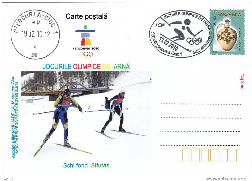 Jeux Olimpiques Vancouver 2010 SKI ,obliteration Concordante On Card - Romania. - Invierno 2010: Vancouver