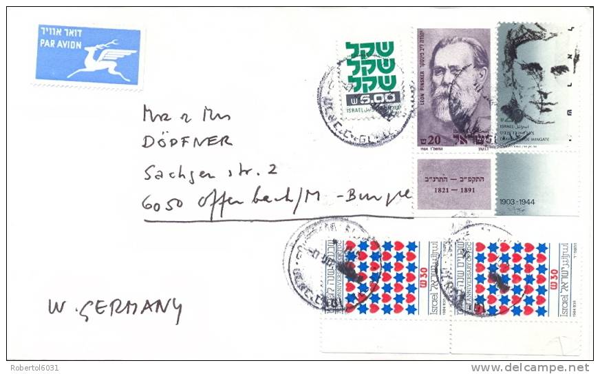 Israel 1984 Cover By Airmail To Germany Franked With Two Complete Issues (Leon Pinsker, Charles Wingate And AJJDC) - Lettres & Documents