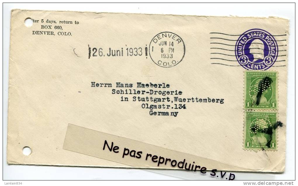 - Cover From DENVER - Colo - To Stuggart Germany, 3 Cents Préoblitéré + 2 Stamps With Holes,  June 1933, Very Nice. - 1921-40