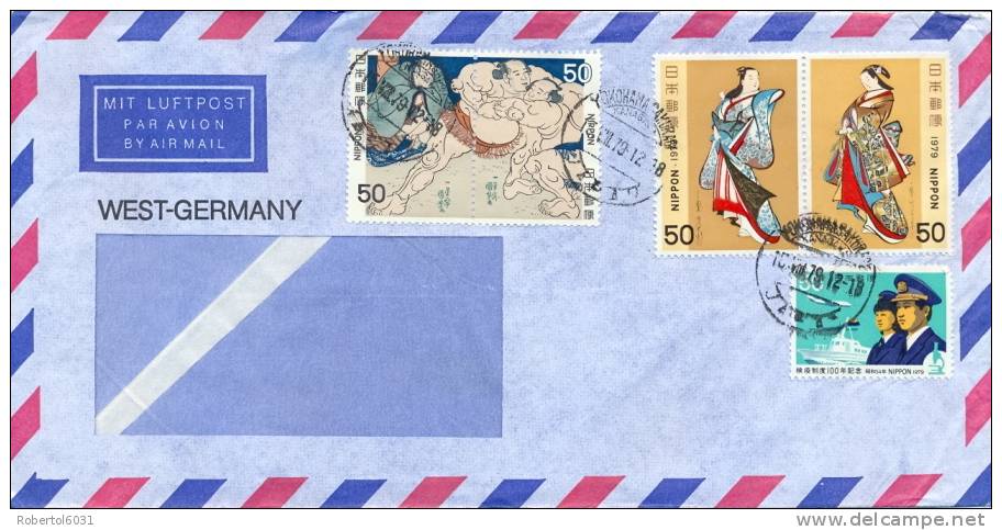 Japan 1979 Cover By Airmail From Yokohama To Germany  Multifranked (Wrestling, Standing Beauties, Quarantine System) - Cartas & Documentos