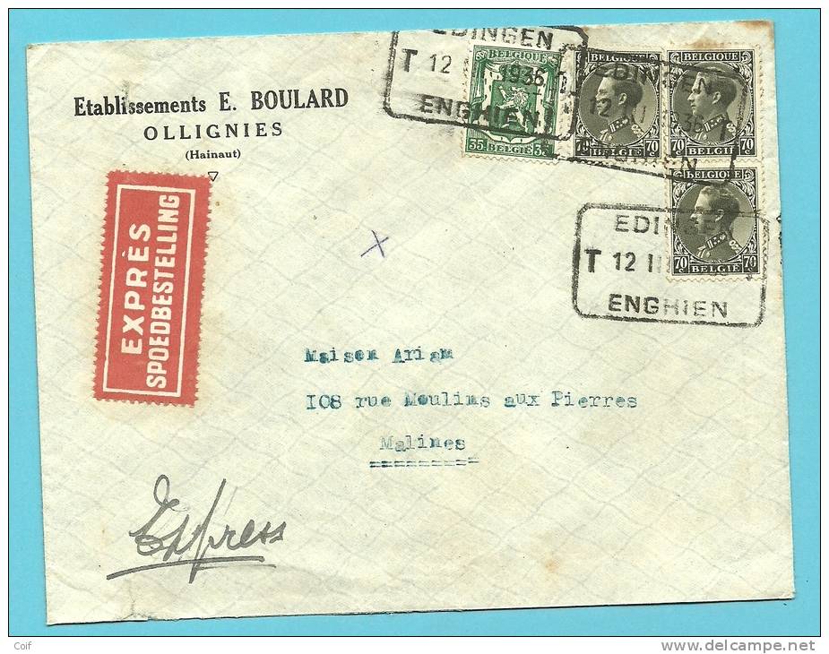 401+425 Op Brief Per EXPRES Met Telegraafstempel EDINGEN / ENGHIEN - 1934-1935 Leopold III