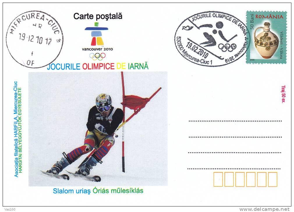 Jeux Olimpiques Vancouver 2010 SKI ,obliteration Concordante On Card - Romania. - Winter 2010: Vancouver