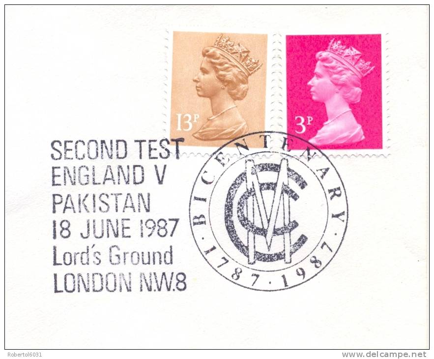 Great Britain 1987 Handstamp On Cover Cricket Pakistan V England Second Test - Cricket