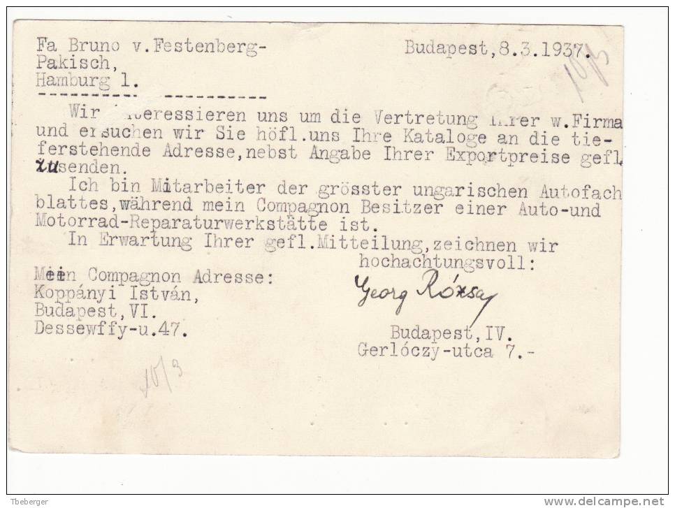 Hungary 1937 Stationery Postcard  Lilafüred Motif 16 F. Budapest To Hamburg (f187) - Storia Postale