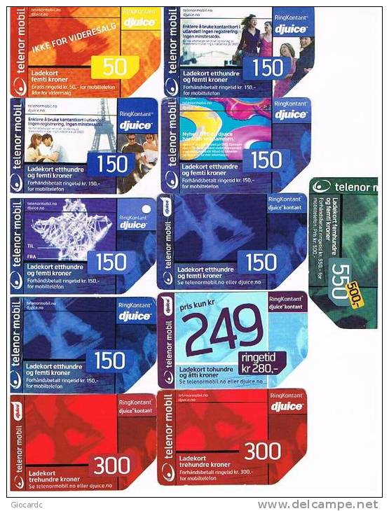 NORVEGIA (NORWAY) - TELENOR MOBILE (RECHARGE GSM) -  DJUICE,  LOT OF 11 DIFFERENT   - USED °  - RIF. 3916 - Noorwegen