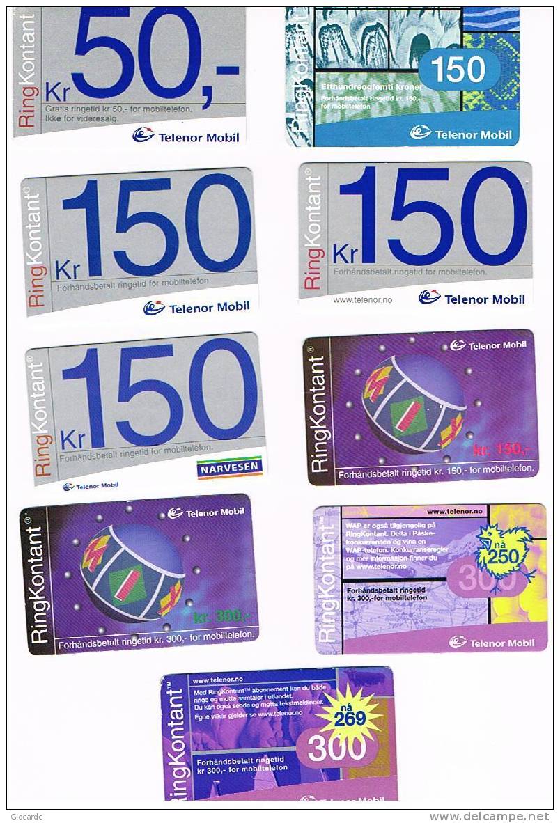 NORVEGIA (NORWAY) - TELENOR MOBILE (RECHARGE GSM) -  RING KONTANT,  LOT OF 9 DIFFERENT   - USED ° -  RIF. 3918 - Norvège