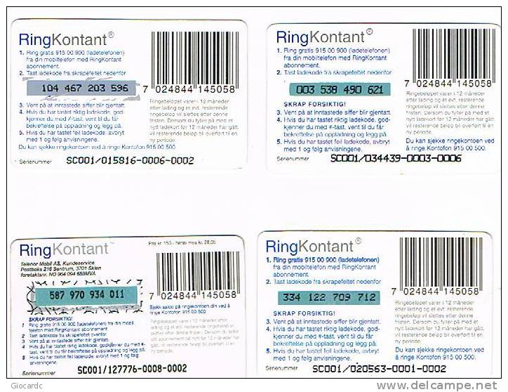NORVEGIA (NORWAY) - TELENOR MOBILE (RECHARGE GSM) -  RING KONTANT,  LOT OF 4 DIFFERENT   - USED °  -  RIF. 3927 - Norway
