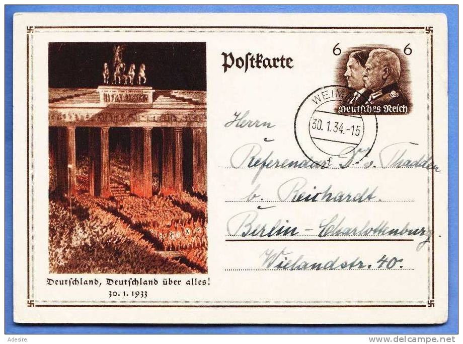DR-Ganzsache, Deutschland über Alles! 6 Pfg Braun Auf Bildpostkarte, Gestempelt "Weimar 30.1.1934" - Sonstige & Ohne Zuordnung