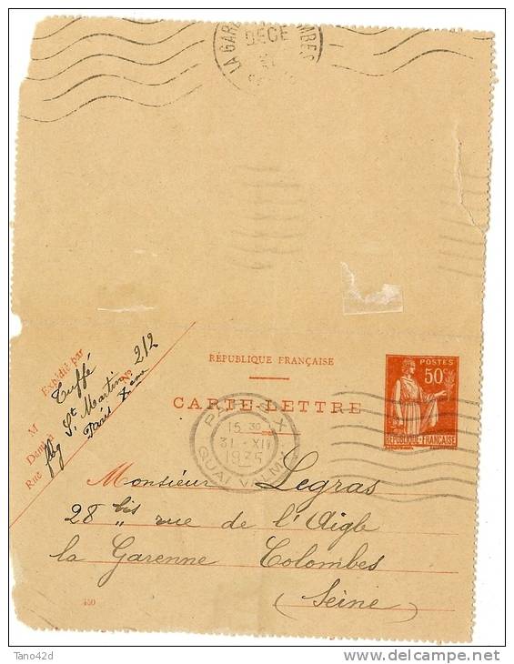 REF LDR5 / 6 - CARTE LETTRE PAIX 50c PARIS / LA GARENNE COLOMBES 31/12/1935 - Kaartbrieven